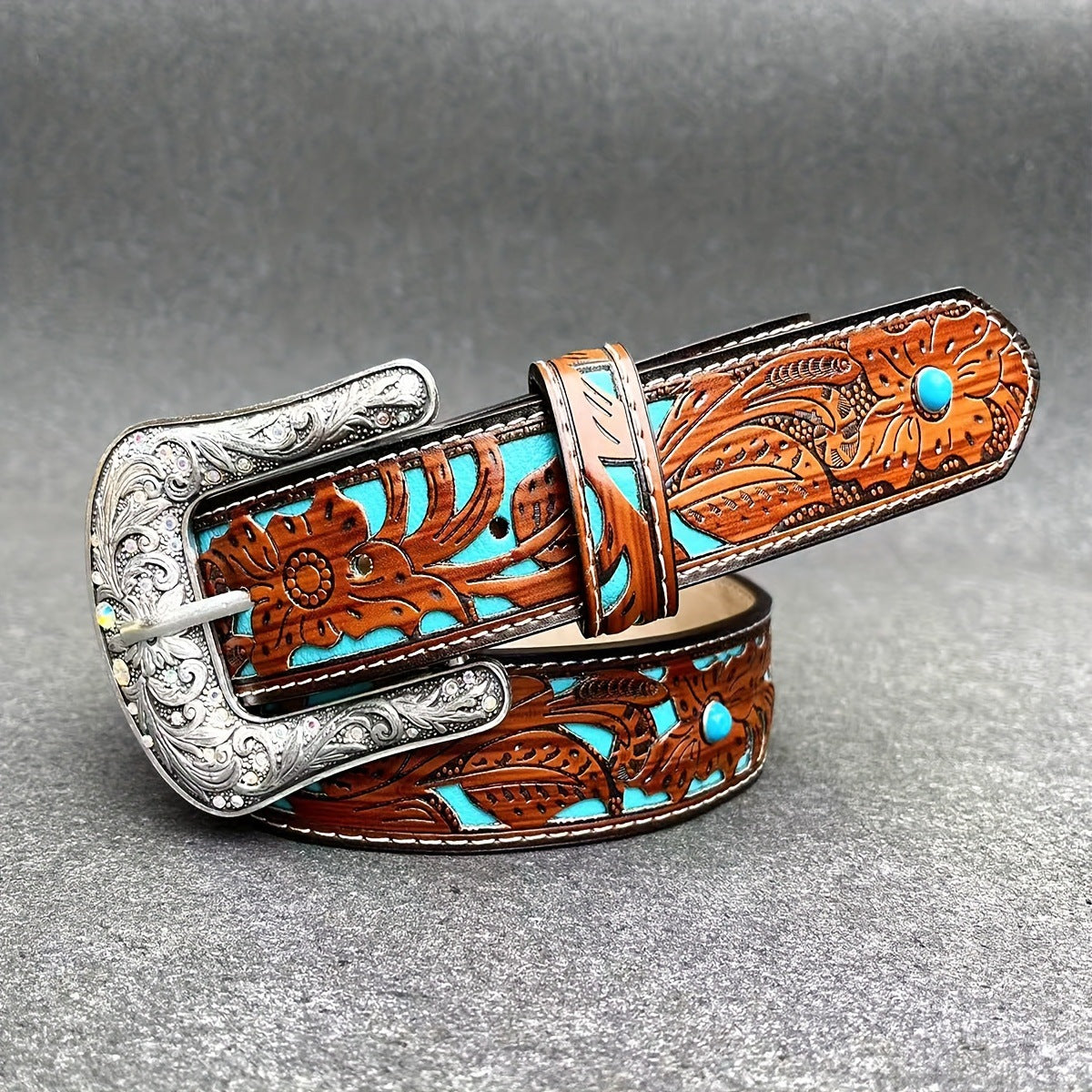 Western Carved Belt with Decorative Buckle