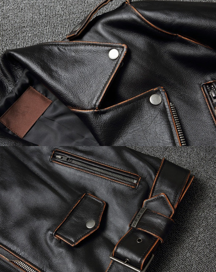 Men’s Black Cowhide Leather Motorcycle Jacket – Slim-Fit Moto Style, S–4XL