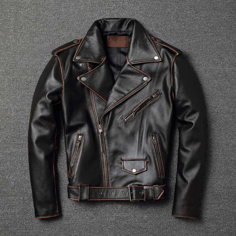 Men’s Black Cowhide Leather Motorcycle Jacket – Slim-Fit Moto Style, S–4XL