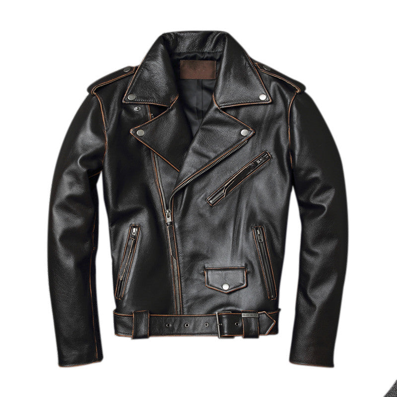 Men’s Black Cowhide Leather Motorcycle Jacket – Slim-Fit Moto Style, S–4XL