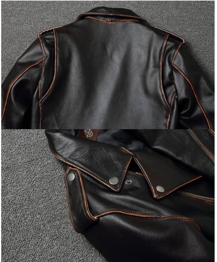 Men’s Black Cowhide Leather Motorcycle Jacket – Slim-Fit Moto Style, S–4XL