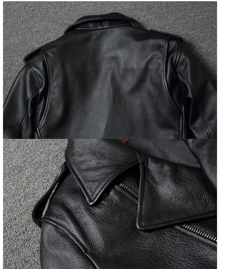 Men’s Black Cowhide Leather Motorcycle Jacket – Slim-Fit Moto Style, S–4XL