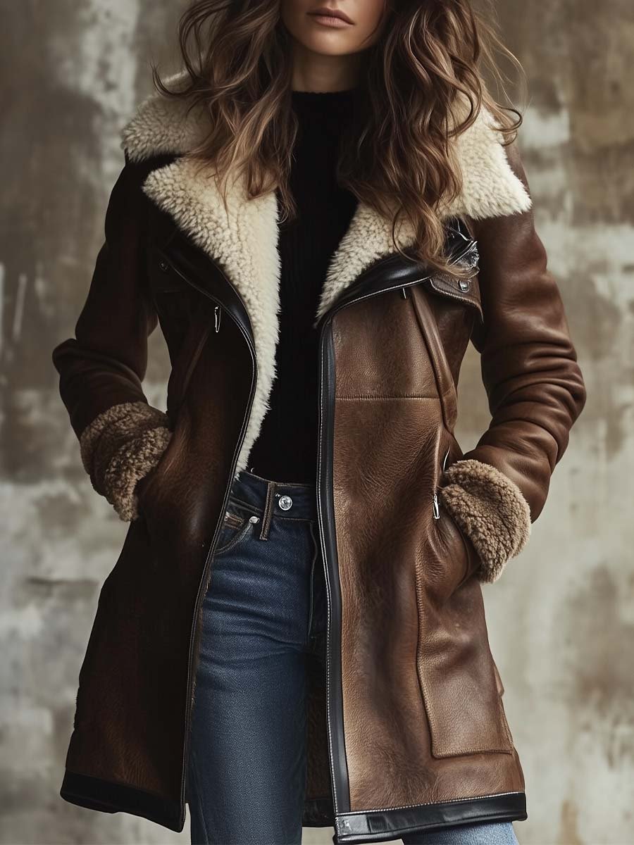 Women's Vintage Contrast Lambskin Collar Faux Leather Coat
