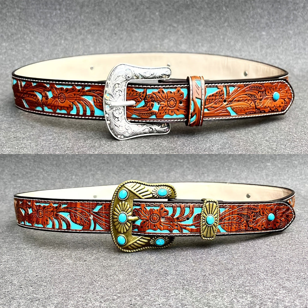 Western Carved Belt with Decorative Buckle
