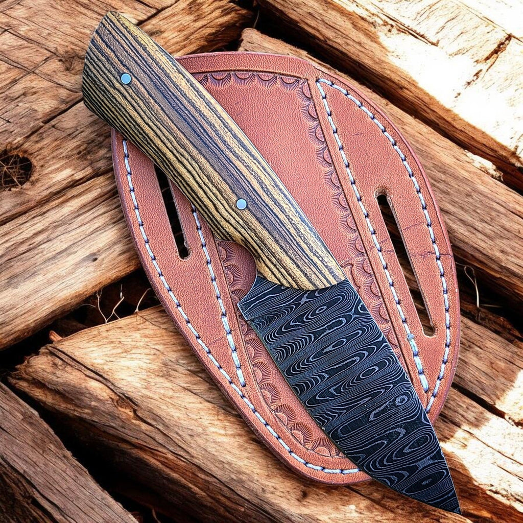 The Tuscan Ghost - Custom Handmade Damascus Steel Cowboy Hash Ranch Knife with Olivewood Handle & Leather Sheath
