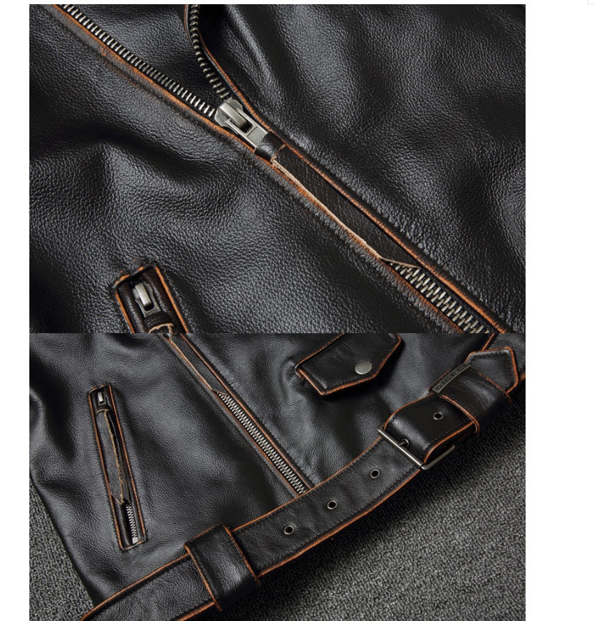 Men’s Black Cowhide Leather Motorcycle Jacket – Slim-Fit Moto Style, S–4XL