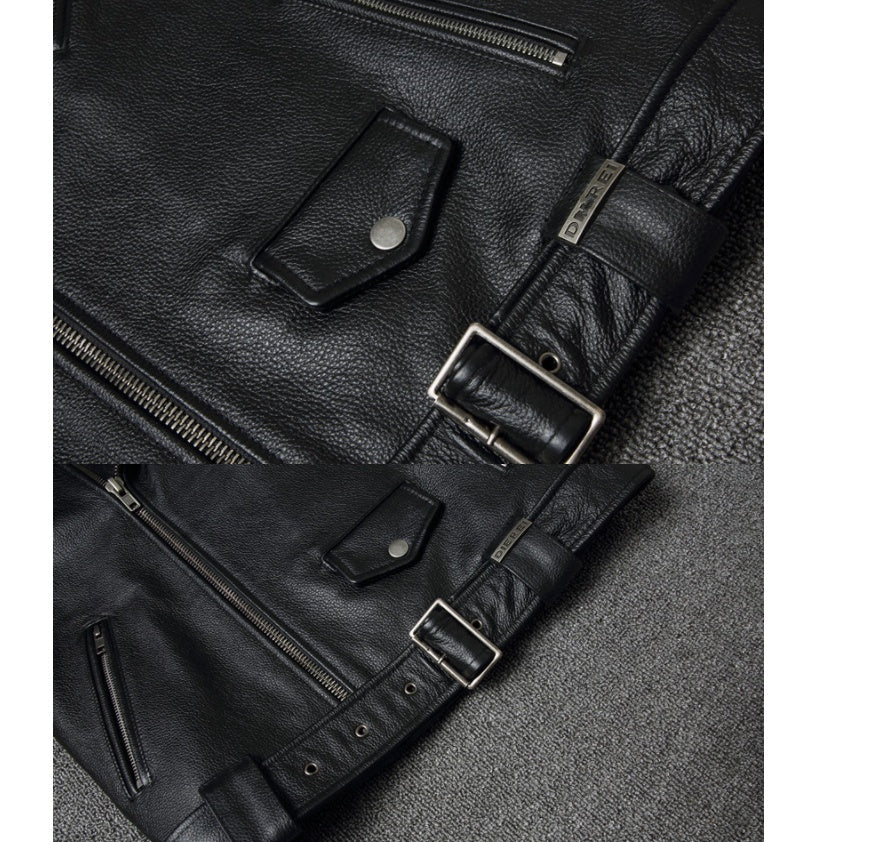Men’s Black Cowhide Leather Motorcycle Jacket – Slim-Fit Moto Style, S–4XL