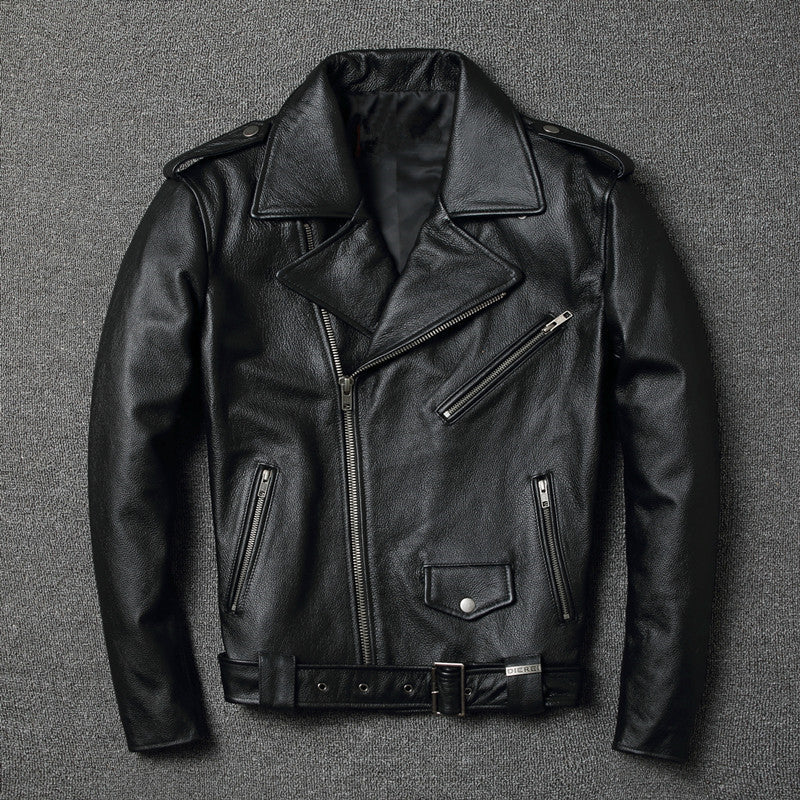 Men’s Black Cowhide Leather Motorcycle Jacket – Slim-Fit Moto Style, S–4XL