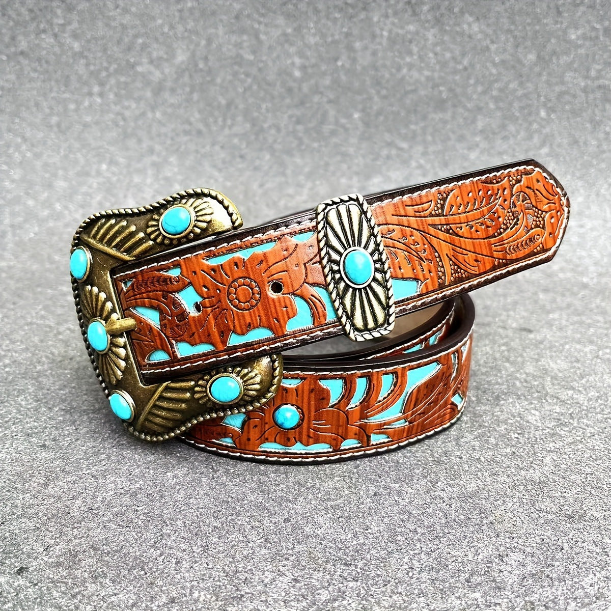 Western Carved Belt with Decorative Buckle
