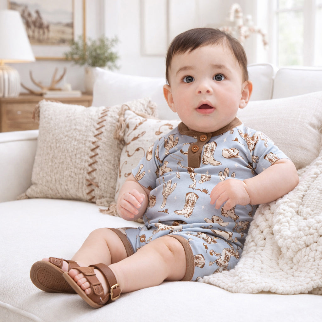 Wild Wrangler/Blue Western Bamboo Shorty Romper for Boys