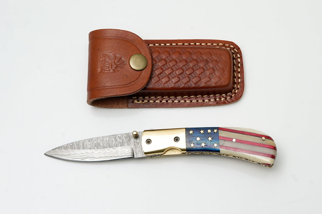 Titan American Flag Damascus Folding Knife TF-101