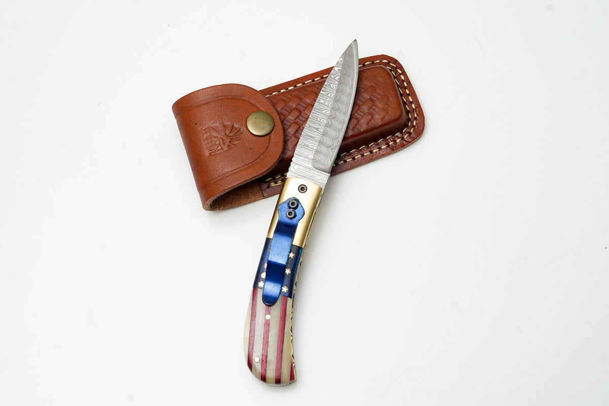 Titan American Flag Damascus Folding Knife TF-101