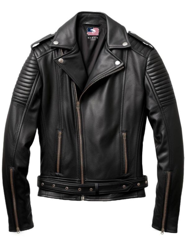 Men's Leather Biker Jacket with Quilted Detail