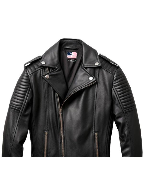 Men's Leather Biker Jacket with Quilted Detail
