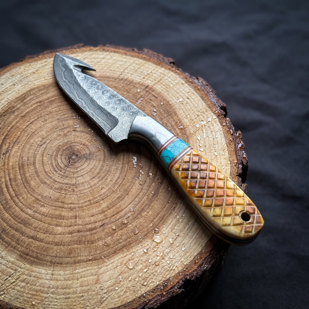 Titan Amber-Accent Damascus Gut-Hook Skinner TIK-009