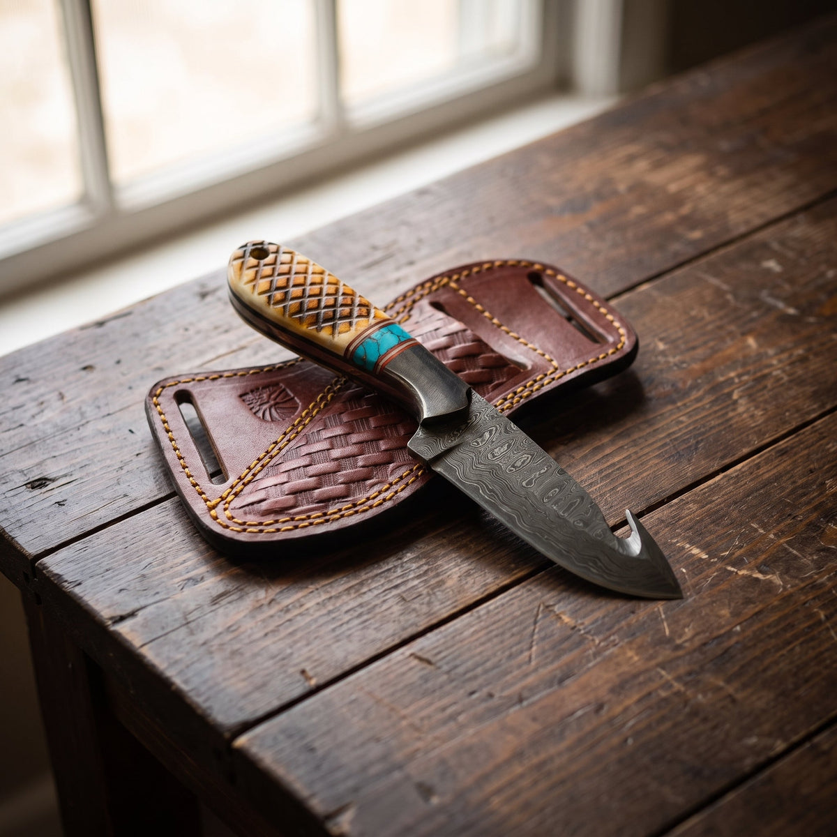 Titan Amber-Accent Damascus Gut-Hook Skinner TIK-009