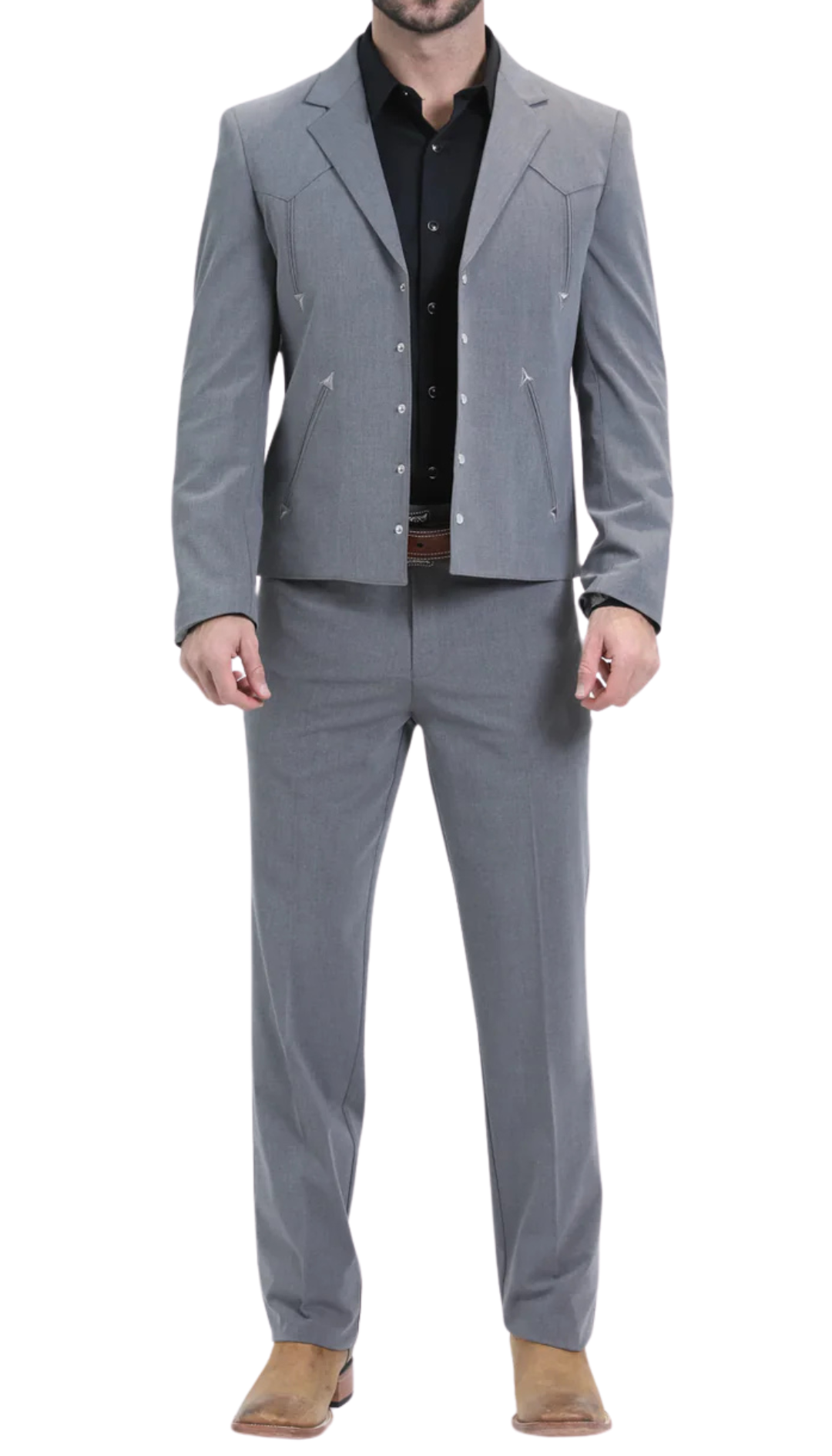 Men's Grey Western Suit 2-Piece - Cowboy Suit with Western Yoke & Pearl Snaps