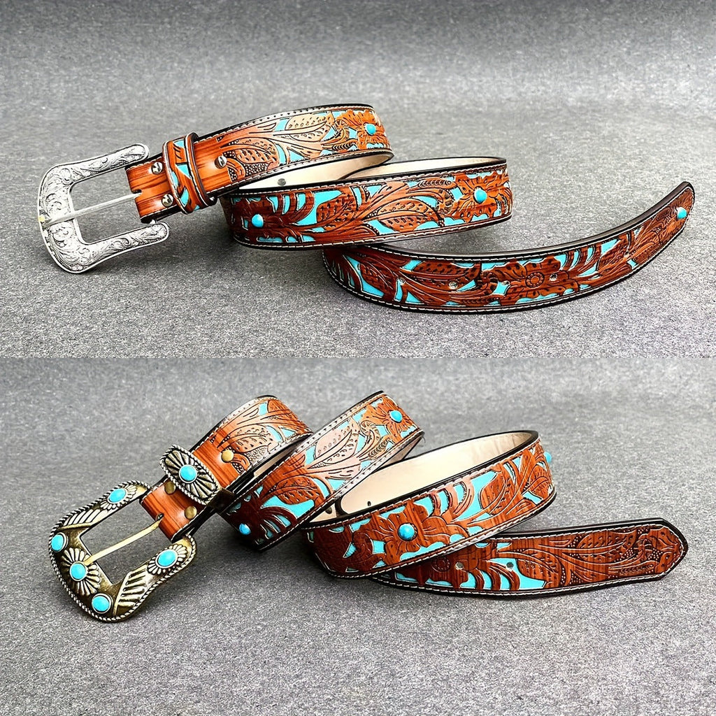 Western Carved Belt with Decorative Buckle