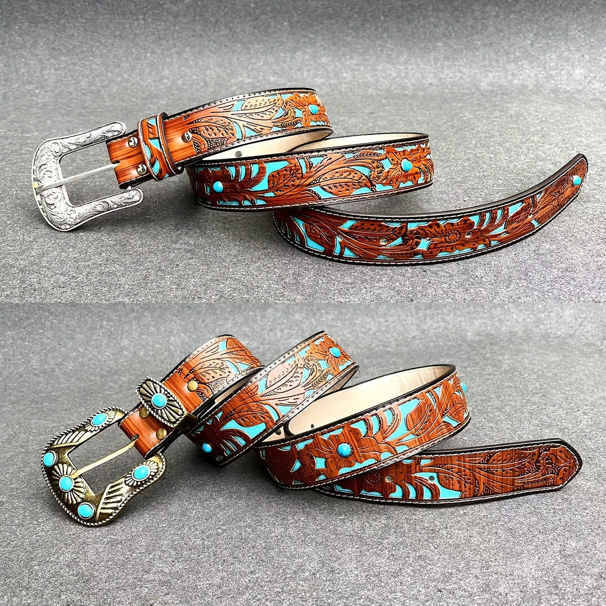 Western Carved Belt with Decorative Buckle