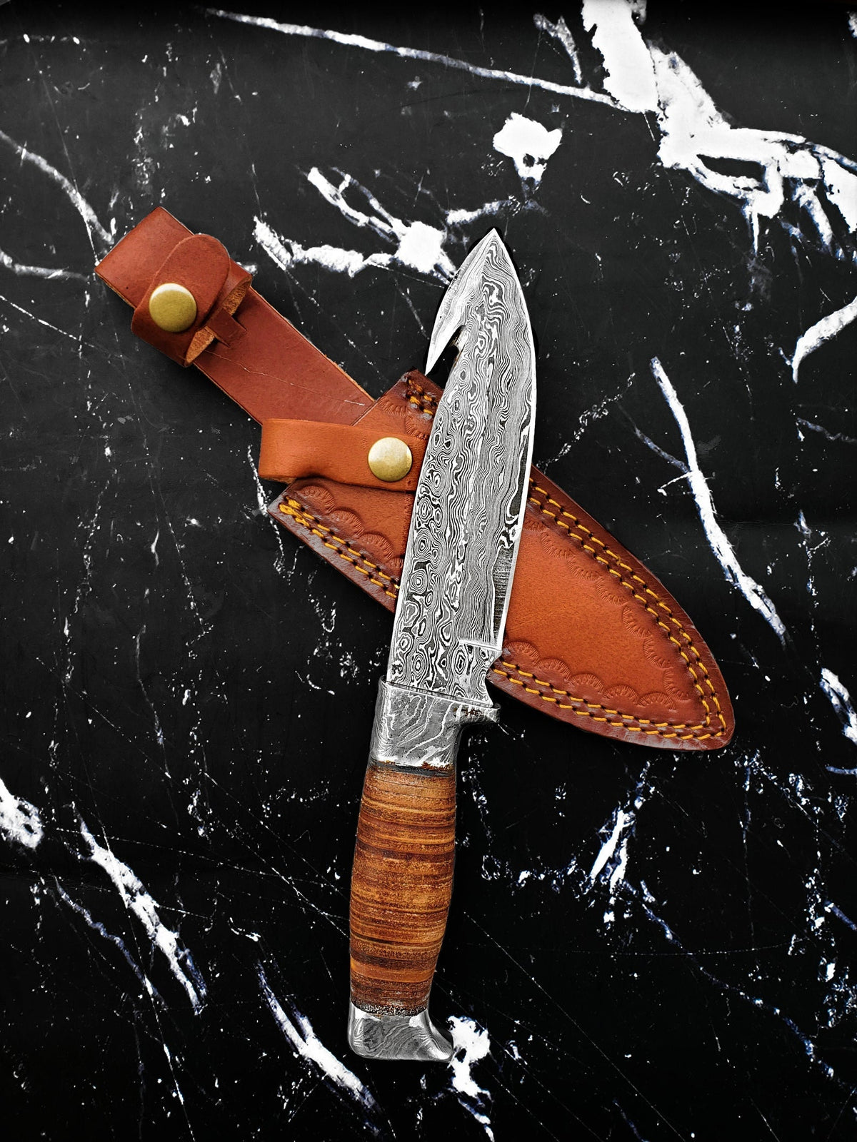 Titan Damascus Gut-Hook Hunting Knife with Stacked Handle