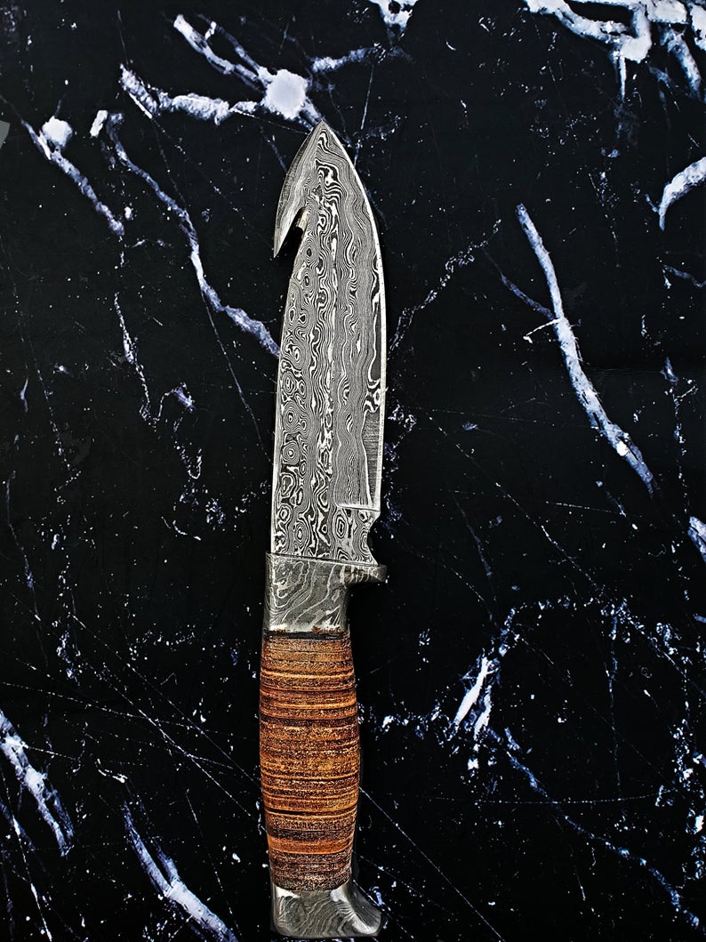 Titan Damascus Gut-Hook Hunting Knife with Stacked Handle