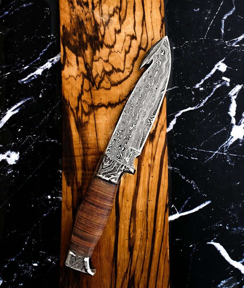 Titan Damascus Gut-Hook Hunting Knife with Stacked Handle
