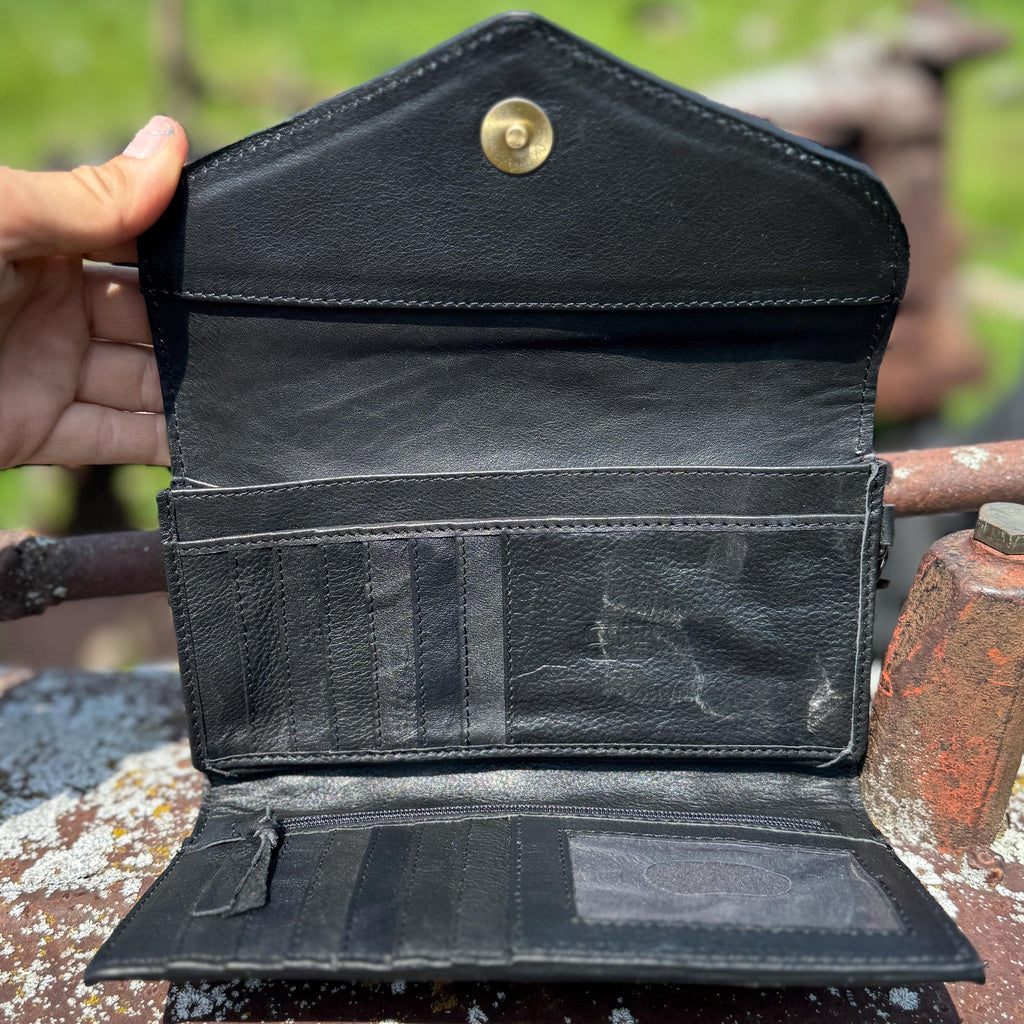 Genuine Western Cowhide Leather Purse and Clutch with Dark Sunflower painted details a Double B Wild Rags Exclusive