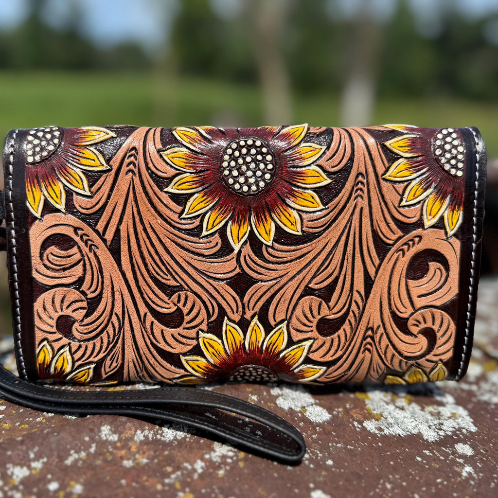 Genuine Western Cowhide Leather Purse and Clutch with Dark Sunflower painted details a Double B Wild Rags Exclusive