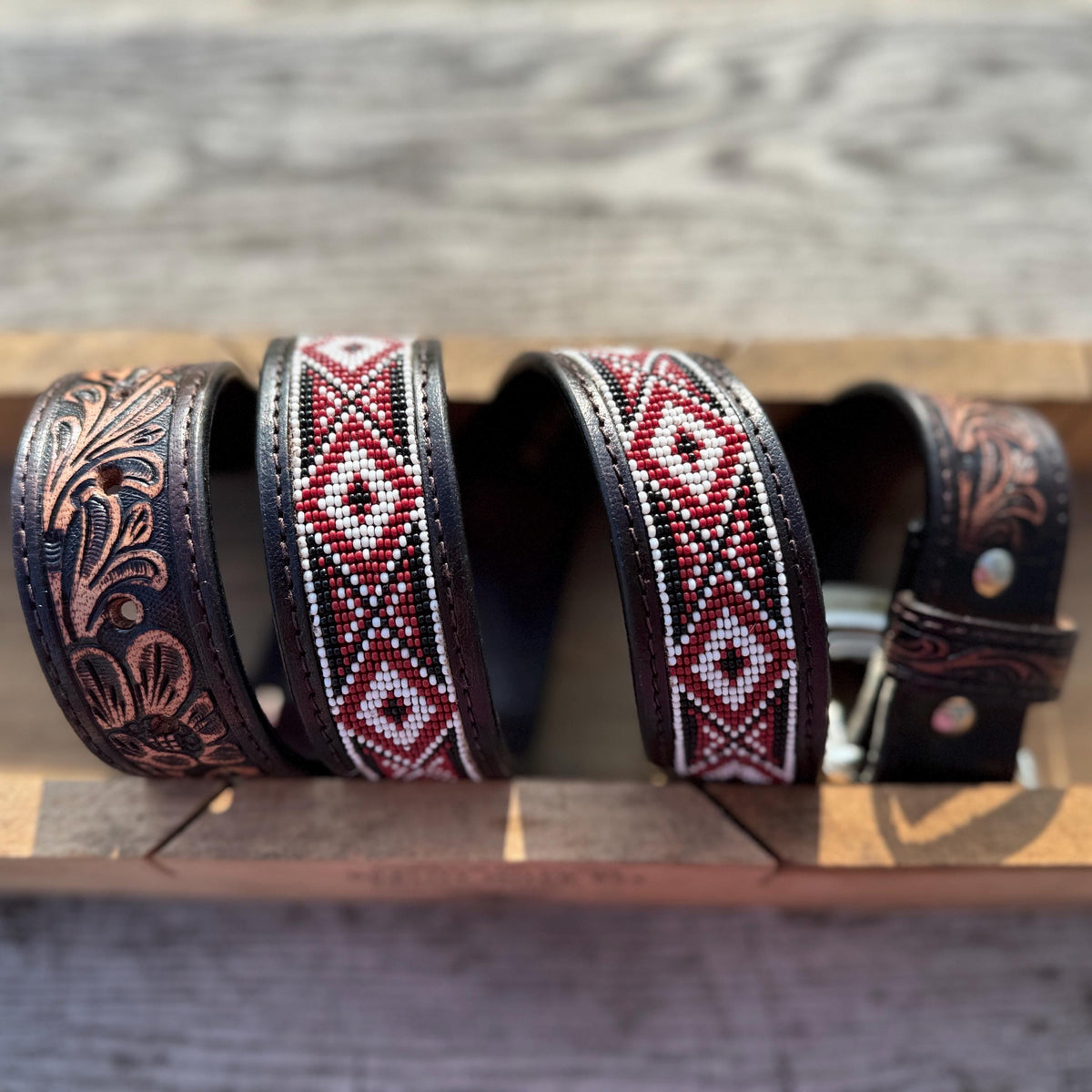 Genuine Leather Western Belt with tooled and Seed Bead details a Double B Wild Rags