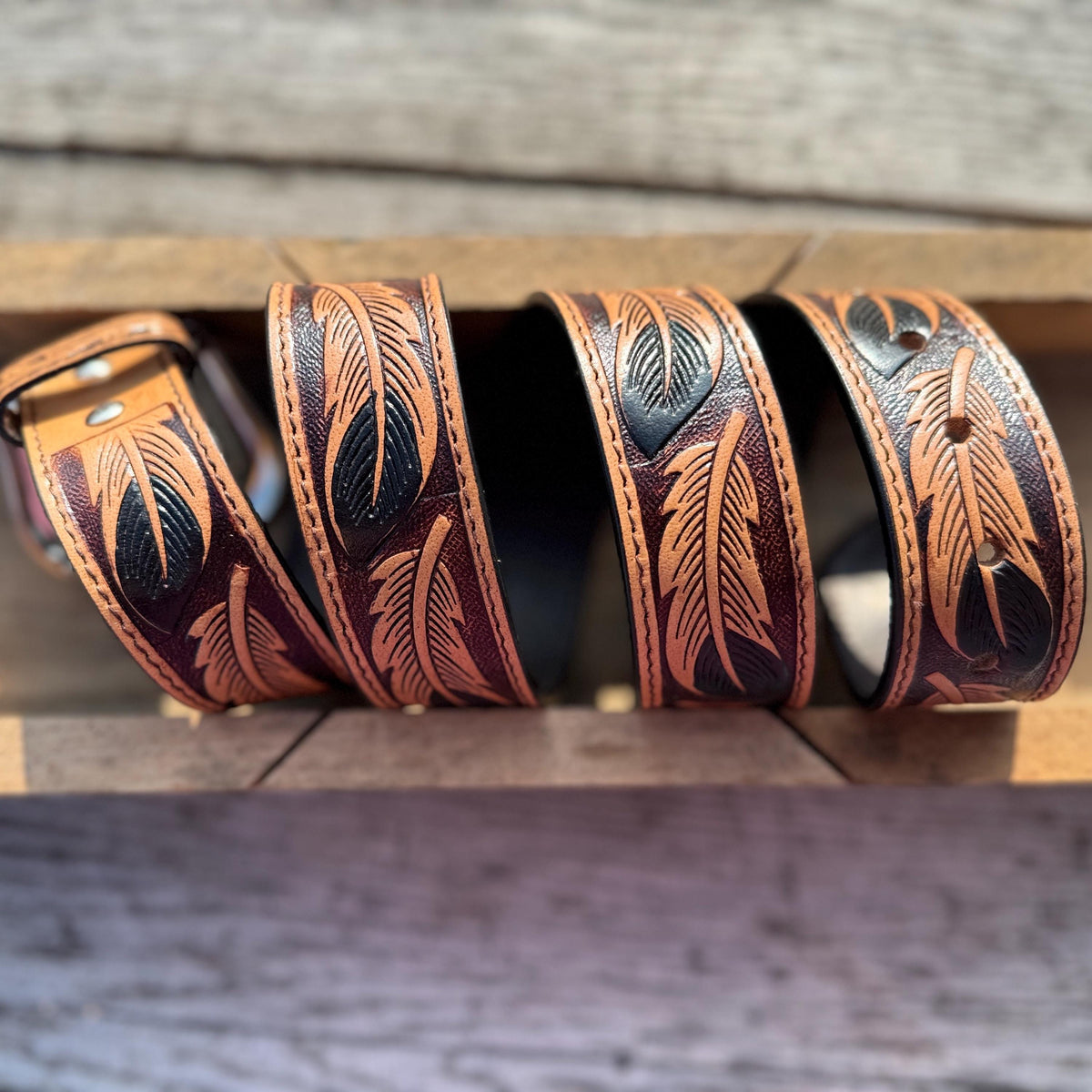 Genuine Leather Western Belt with tooled Black Feather Details by Double B Wild Rags
