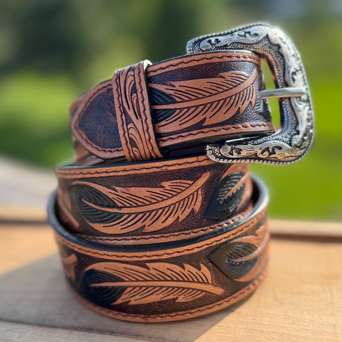 Genuine Leather Western Belt with tooled Black Feather Details by Double B Wild Rags