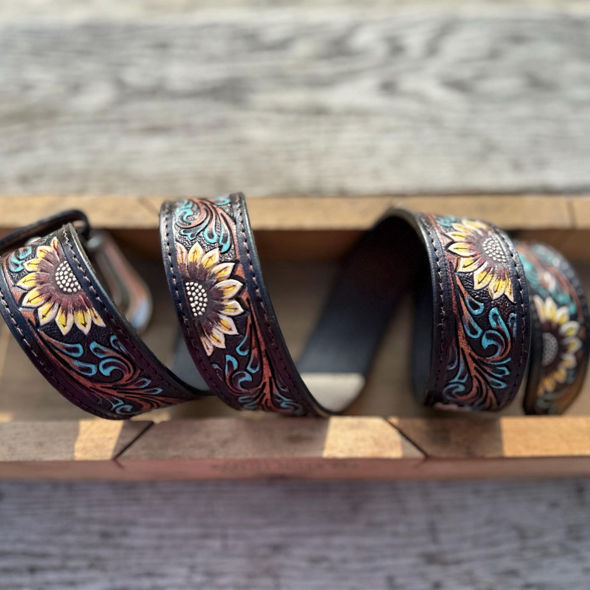 Genuine Leather Western Belt with dark tooled sunflowers and turquoise by Double B Wild Rags
