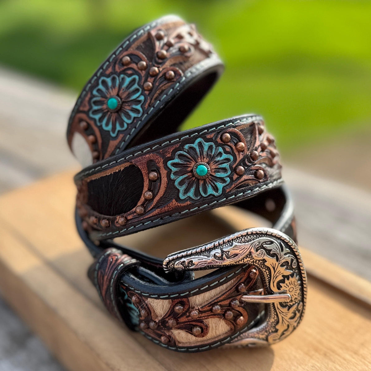 Genuine Leather Western Belt with cutout floral details by Double B Wild Rags