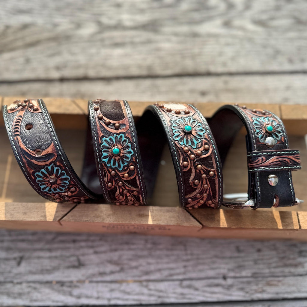 Genuine Leather Western Belt with cutout floral details by Double B Wild Rags