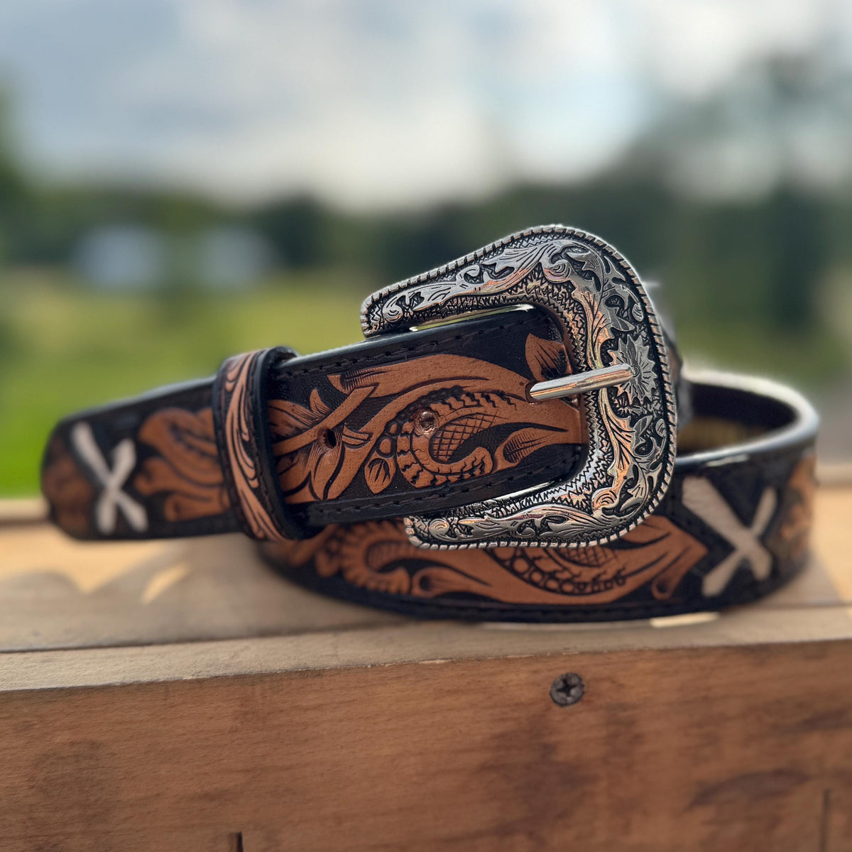 Genuine Leather Western Belt with tooled feathers and Cross cut outs by Double B Wild Rags