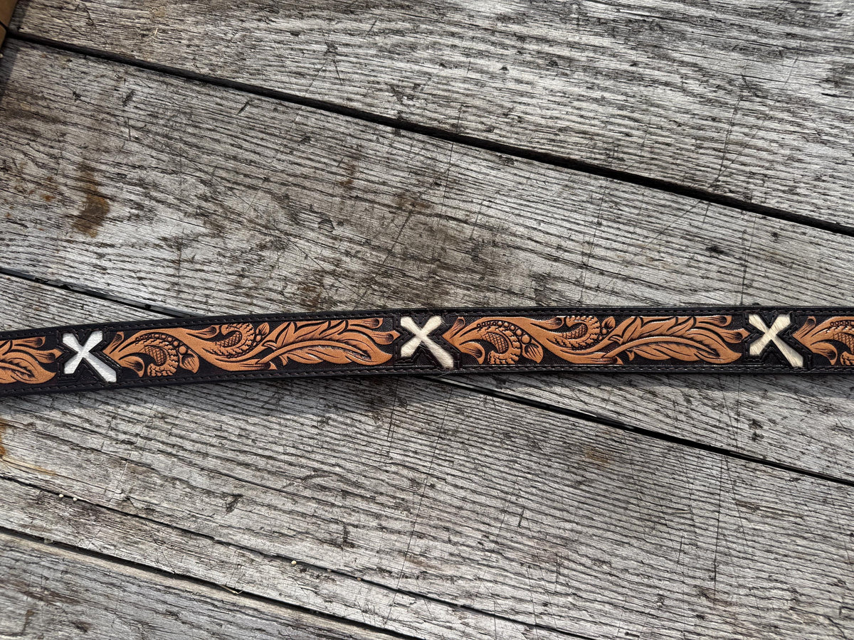 Genuine Leather Western Belt with tooled feathers and Cross cut outs by Double B Wild Rags