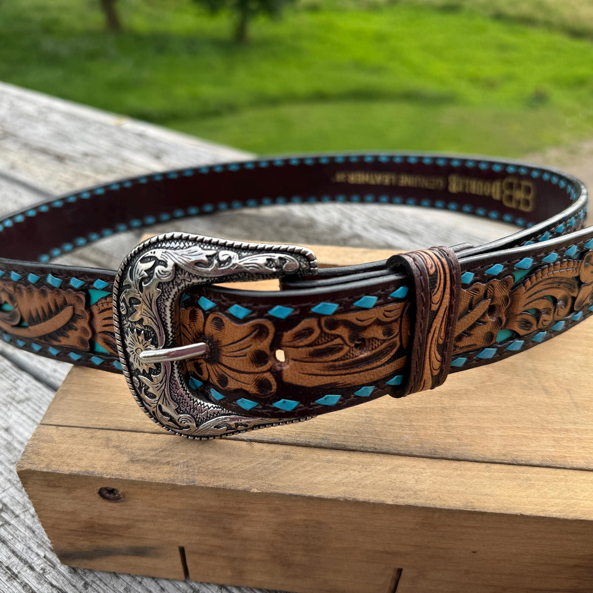 Genuine Leather Western Belt with tooled and buckstitch details by Double B Wild Rags