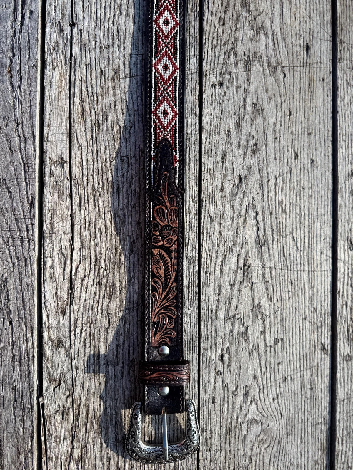 Genuine Leather Western Belt with tooled and Seed Bead details a Double B Wild Rags