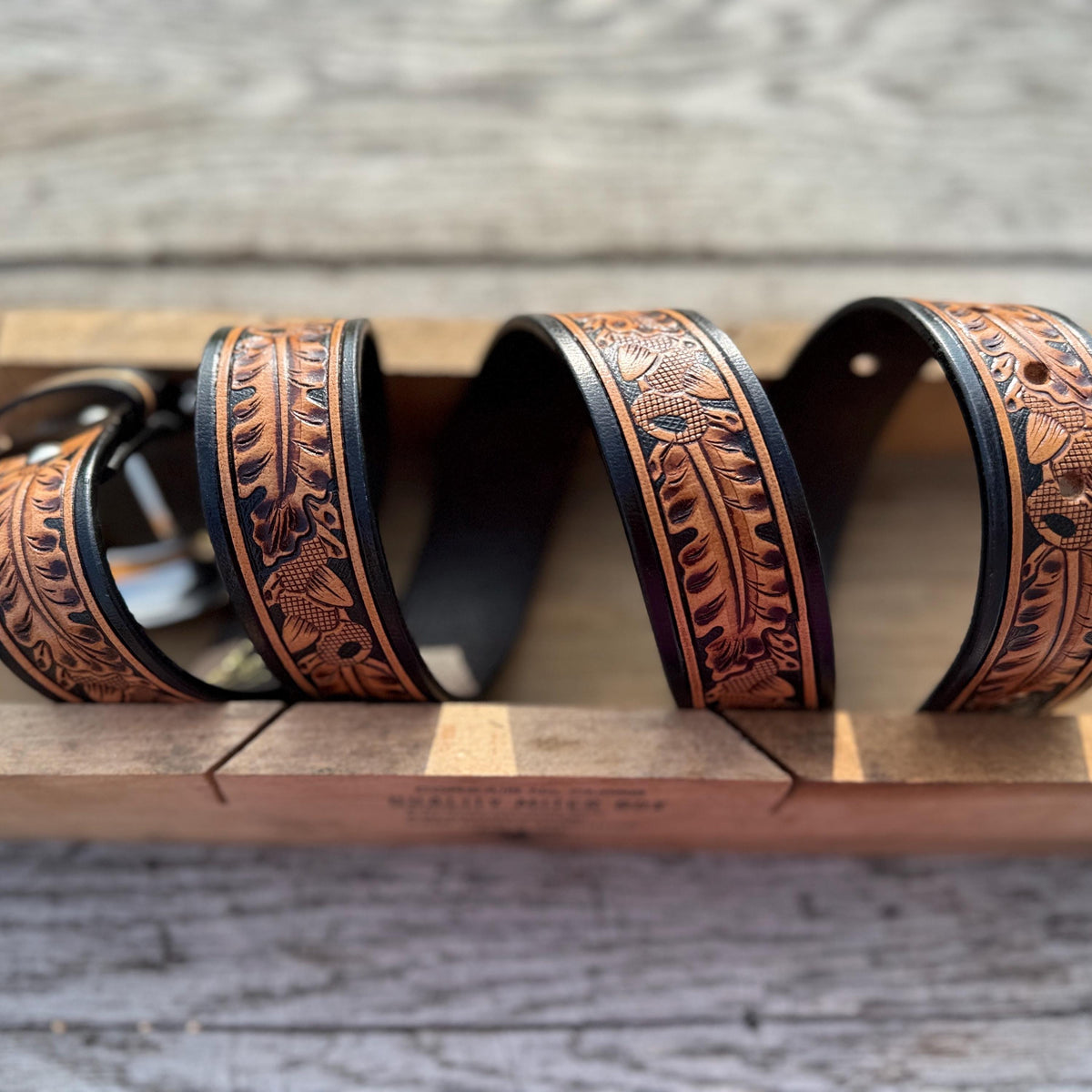 Genuine Leather Western Belt with tooled leaf acorn details by Double B Wild Rags