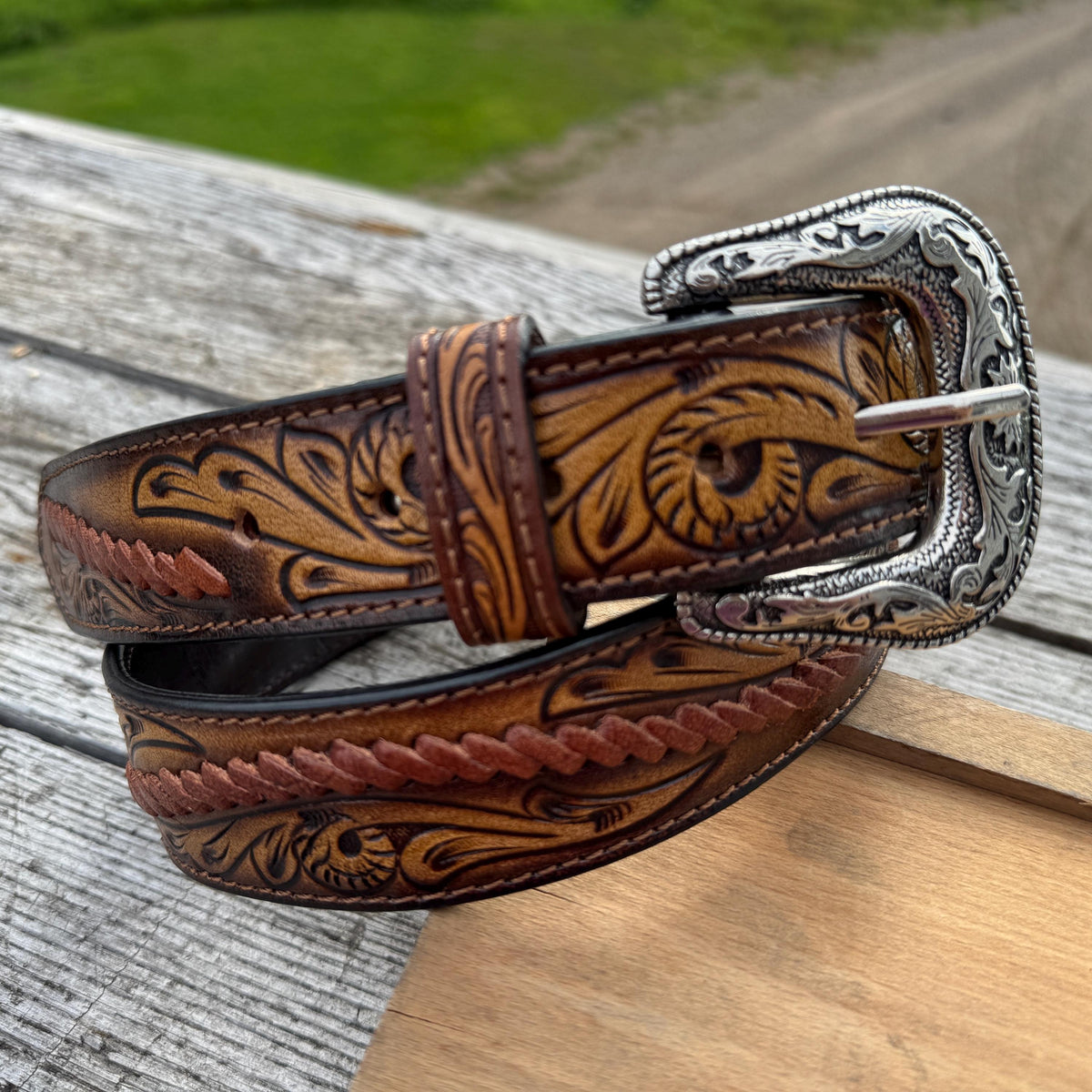 Genuine Leather Mens Western Belt with tooled details