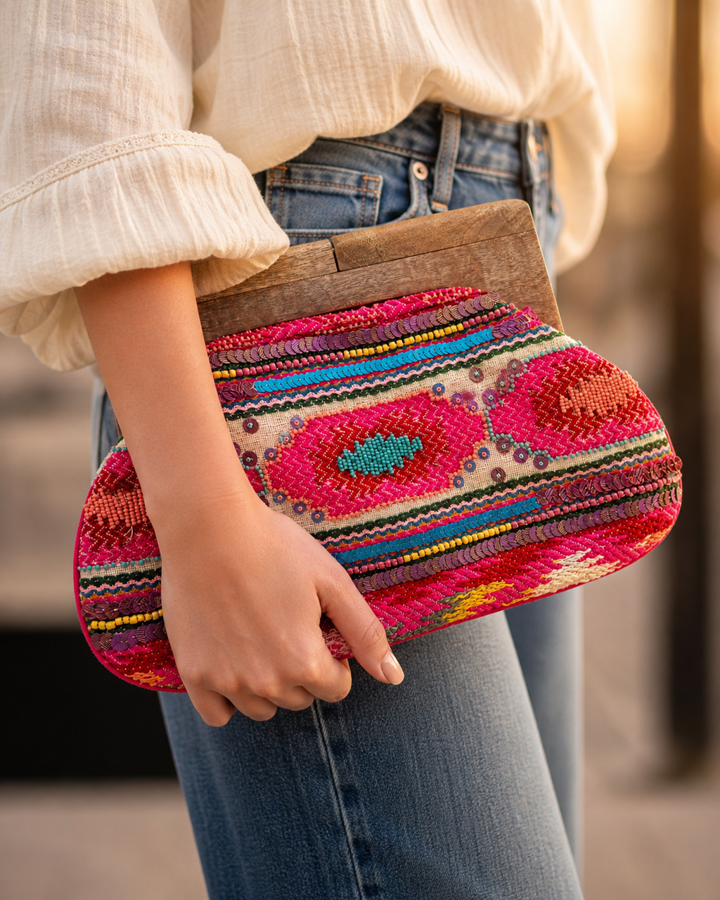 Hot Pink Boho Beaded Statement Clutch – Large Western Ethnic Embroidered Handbag (13” x 9”)