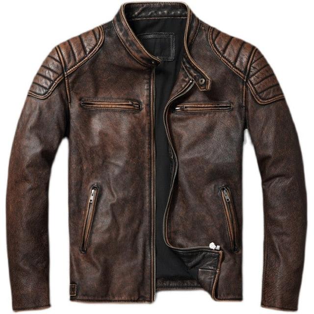 STEVVEX Men's Brown Leather Motorcycle Jacket