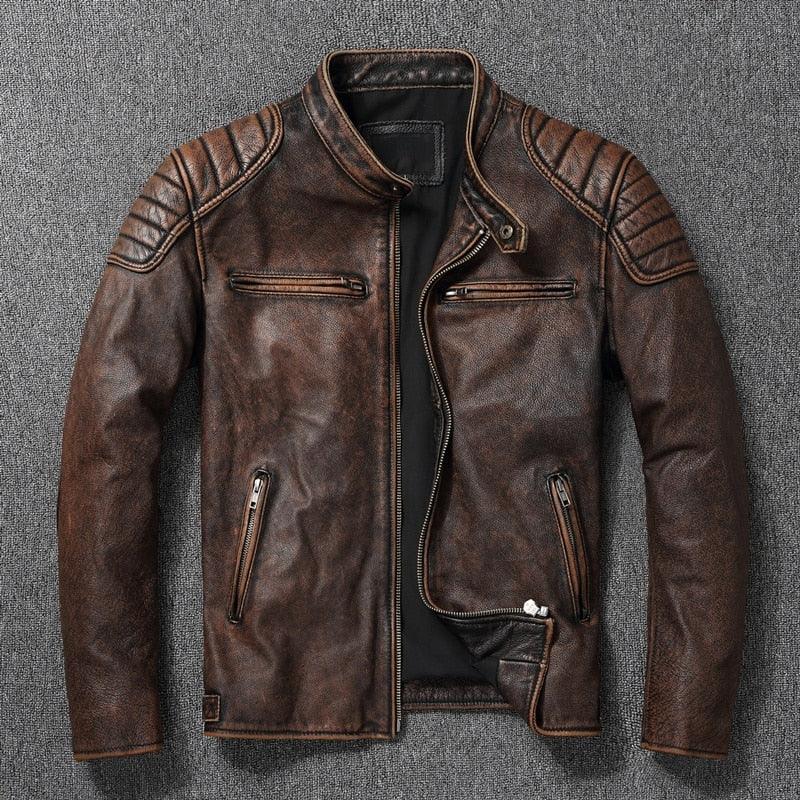 STEVVEX Men's Brown Leather Motorcycle Jacket