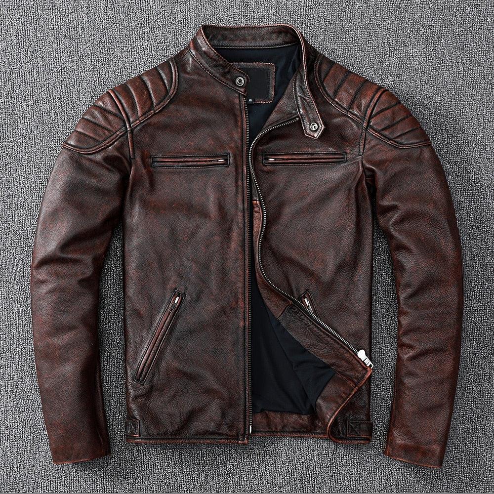STEVVEX Men's Brown Leather Motorcycle Jacket